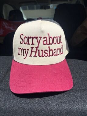 Sorry About My Husband Embroidered Trucker Hat - Pink & Cream